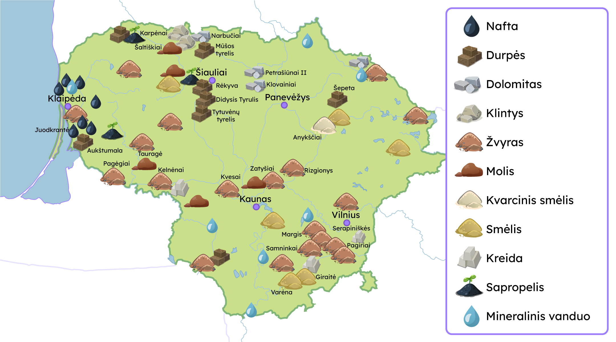 Žemėlapis, kuriame pateiktos naudingosios iškasenos: nafta, durpės, dolomitas, klintys, žvyras, molis, kvarcinis smėlis, smėlis, kreida, sapropelis, mineralinis vanduo.