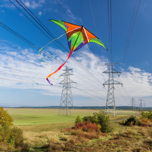 Spalvotas aitvaras, skrendantis į elektros stulpų laidus.