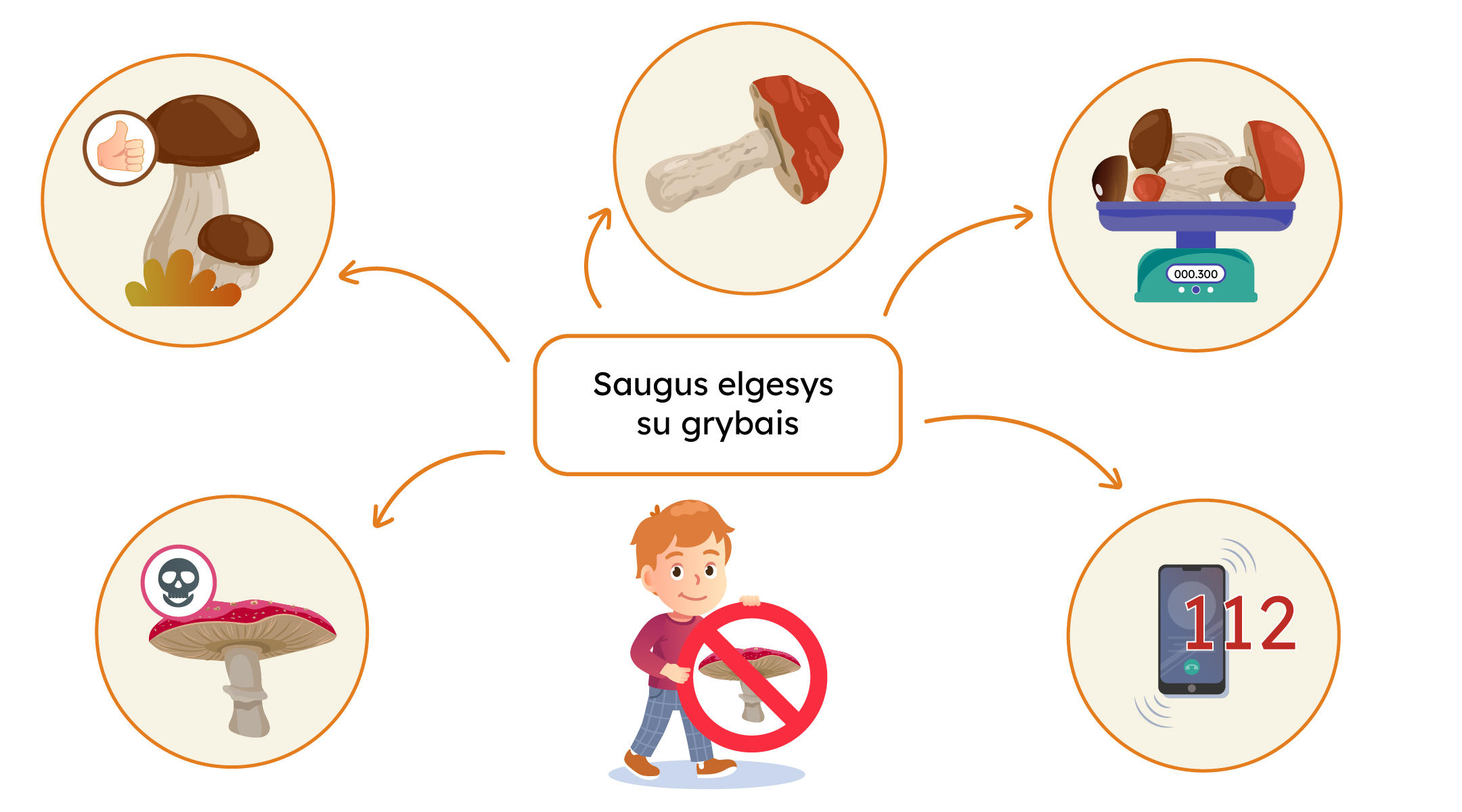 Per vidurį užrašas „Saugus elgesys su grybais“, iš kurio rodyklės į apskritimus su paveikslėliais ir aktyviomis ikonėlėmis.