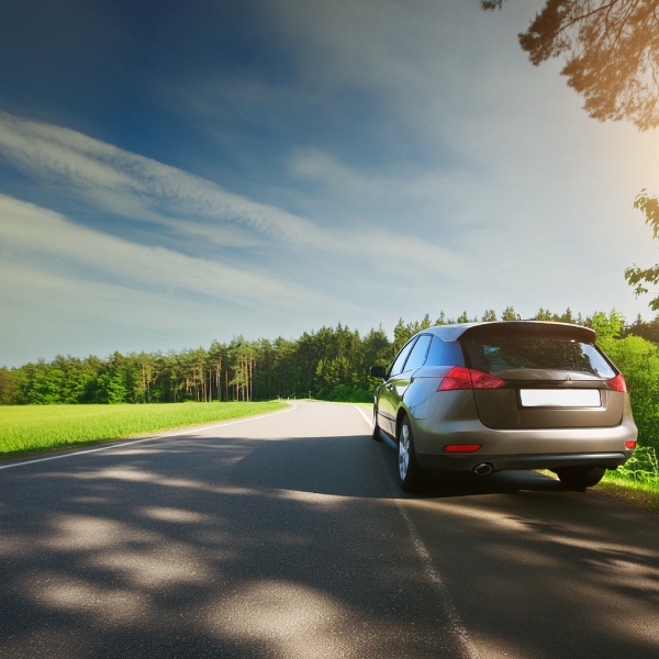 Automobilis, juda tuščioje kelio atkarpoje, apsuptas žaliuojančių laukų ir medžių, su mėlynu dangumi ir saulėtu apšvietimu.