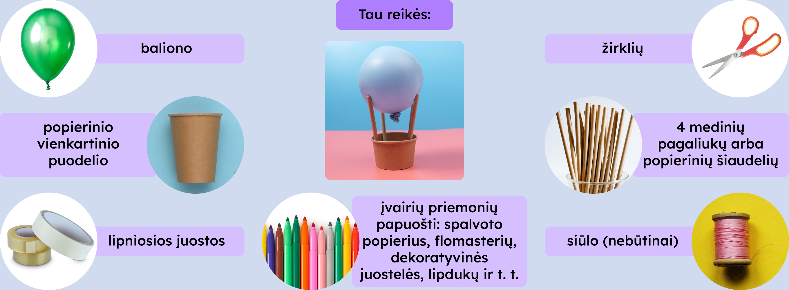 Reikės: 1. Baliono. 2. Popierinio vienkartinio puodelio. 3. 4 medinių pagaliukų arba popierinių šiaudelių 4. Žirklių. 5. Lipniosios juostos. 6. Įvairių priemonių papuošti: spalvoto popierius, flomasterių, dekoratyvinės juostelės, lipdukų ir t. t. 7. Siūlo (nebūtinai).