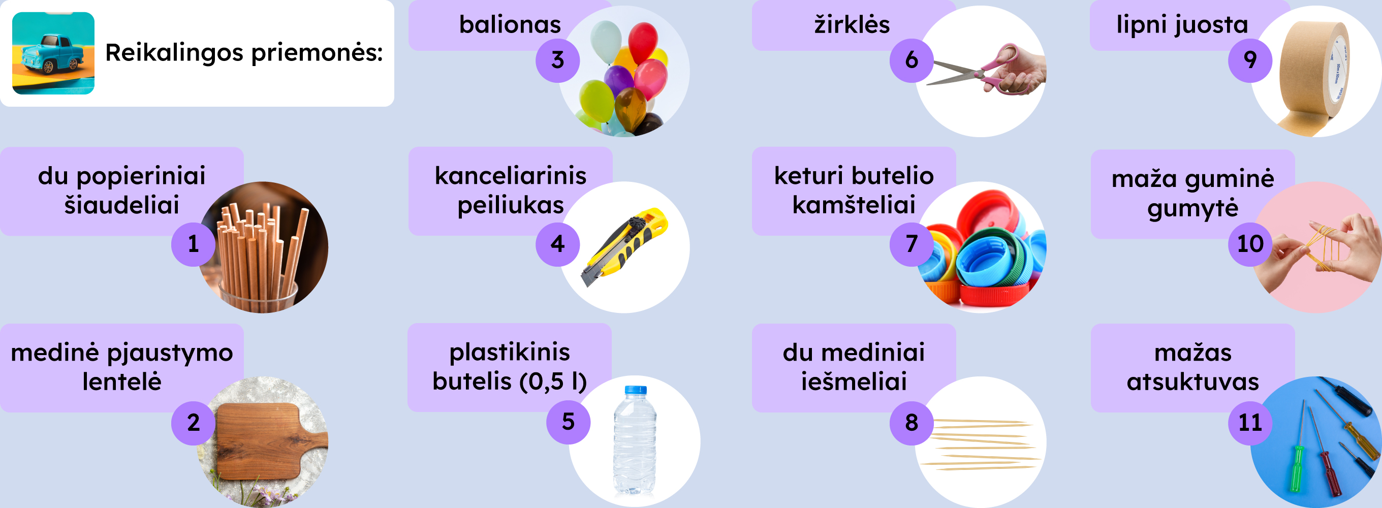 Reikalingos priemonės:
1. Du popieriai šiaudeliai.
2. Medinė pjaustymo lentelė.
3. Balionas.
4. Kanceliarinis peiliukas.
5. Plastikinis butelis (0,5l).
6. Žirklės.
7. Keturi butelio kamšteliai.
8. Du mediniai iešmeliai.
9. Lipni juosta.
10. Maža guminė gumytė.
11. Mažas atsuktuvas.