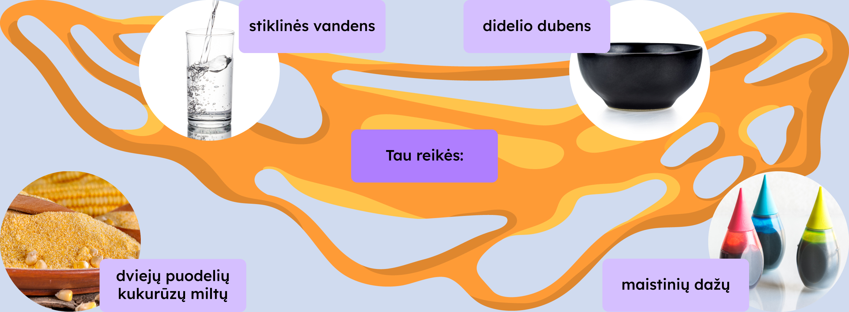 Tau reikės:

Stiklinės vandens.
Didelio dubens.
Dviejų puodelių kukurūzų miltų.
Maistinių dažų.