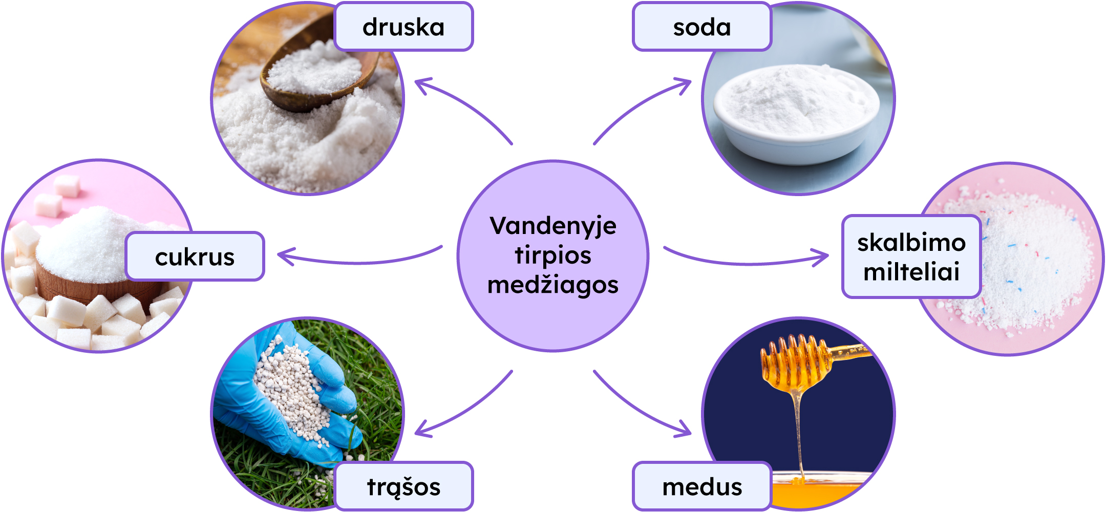 Vandenyje tirpių medžiagų schema: soda, skalbimo milteliai, medus, trąšos, cukrus, druska.